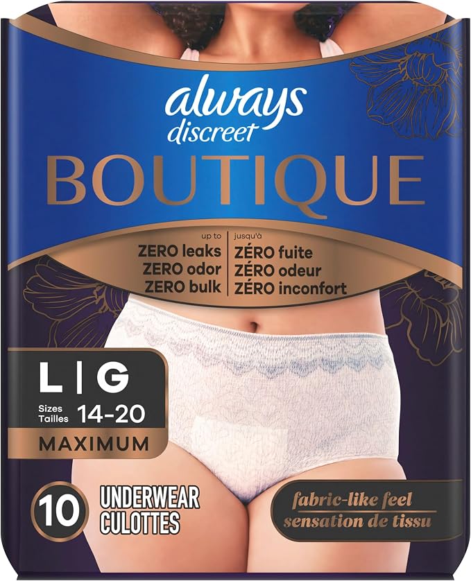 Always Discreet Boutique Incontinence and Postpartum Underwear for Women, Maximum Protection, Large, Rosy, 10 Count