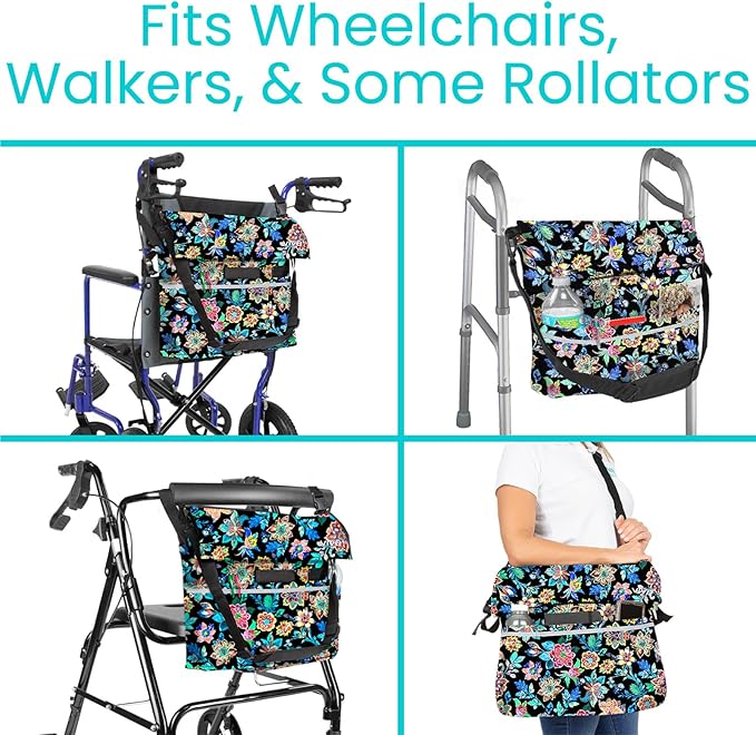 Vive XL Wheelchair Accessories Bag - Waterproof, Scratch-Resistant, Double-Stitched, Machine Washable for Adults, Seniors, 15 Colors - Storage Walker Backpack to Hang on Back (Black Floral)