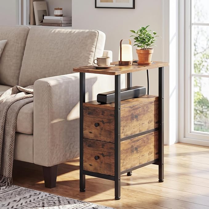 Narrow End Table with Charging Station, Small Nightstand | Skinny Side Tables Living Room with 2 Fabric Drawers, Slim Bedside Table for Bedroom, Small Spaces, Couch, Rustic Brown