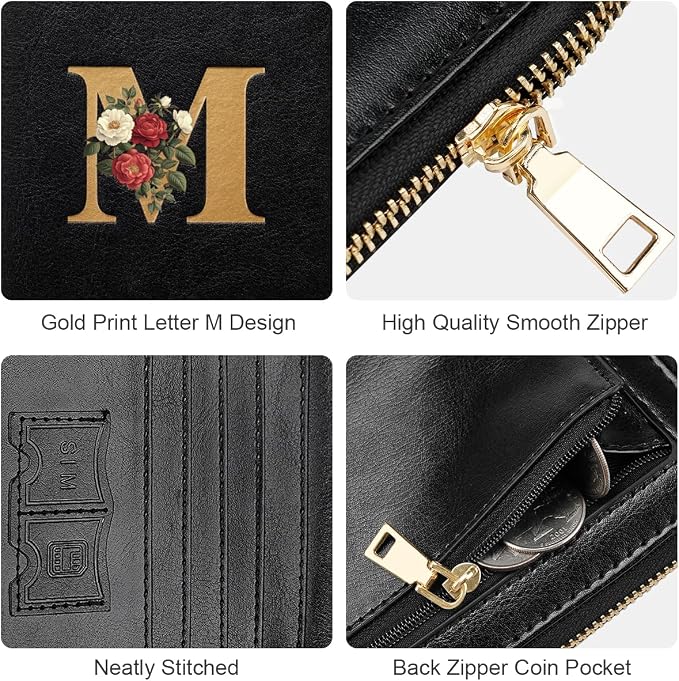 Passport Holder for Travel Personalized Wallet with Wristlet Women | Passport Cover, RFID Blocking, Passport Book Holders, Back Coin Pocket, Zipper Closure, Roses Initial Letter, Black M