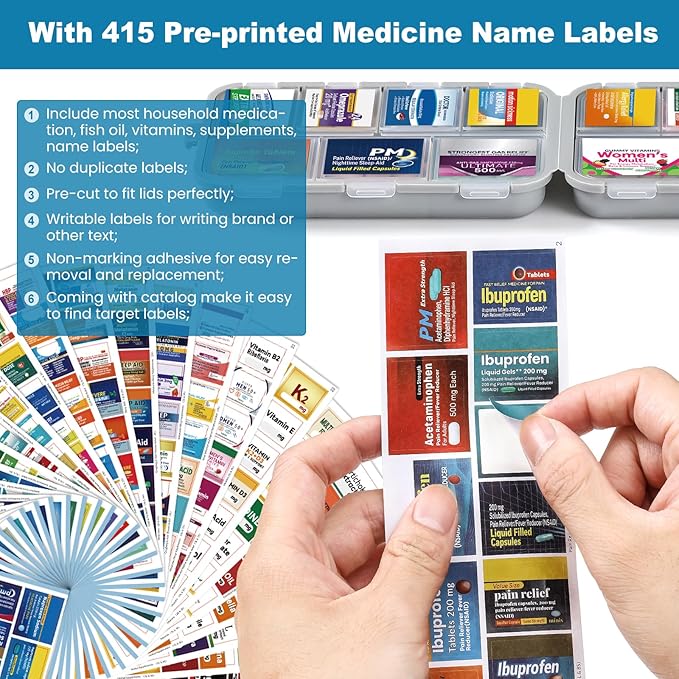 3 Pack 14 Grids Travel Pill Organizer Box with 415-Pcs Medicine Name Labels - Pocket Daily Pharmacy Case Container Kit - Travel Medication Holder Dispenser for Fish Oil Vitamin, Khaki+Grey+Sky Blue