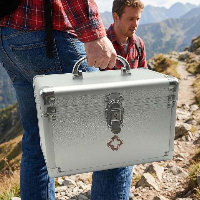 Medicine Lock Box, First Aid Safe Medication Storage Box, Layered Aluminum Daily Medicine Lockable Box with Key for Home, Dorm, Office 9.5 x 6 x 6.3 inches