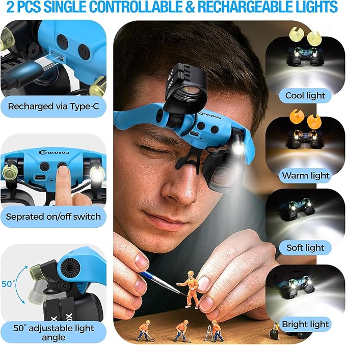 Rechargeable Magnifying Glass with Light 2X-23X,5 Pairs Lens Combos | Single Eye Observation,w/Storage Case, Switchable Headband Magnifier,Lightweight Handsfree for Close Work Watch Repair Crafts