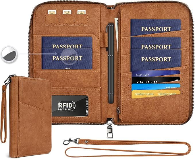 Family Passport Holder Wallet RFID Travel Document Organizer for Women Men, Portable Case Cover for Cards, Boarding Pass with Wrist/Neck Strap, Airtag Pocket, Travel Essentials Gifts -Light Brown, 1pc