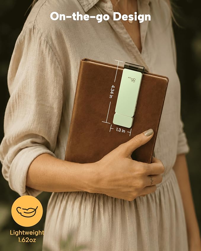86lux Book Light, Rechargeable Clip-On LED Reading Light for Bed | 3 Color Temperatures with Stepless Dimming, Ultralight Bookmark Design for Book Lovers, Mint Green