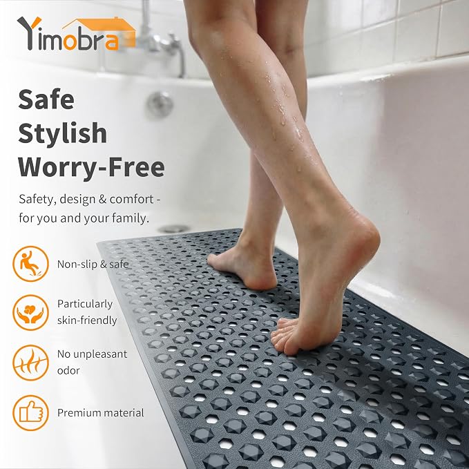 Yimobra Bathtub Mat Non Slip, 27.5"X15.5" Machine Washable Shower Floor Mat, Soft on Feet, Bathmat with Drain Holes and Suction Cups, Bathroom Essentials, Dark Grey