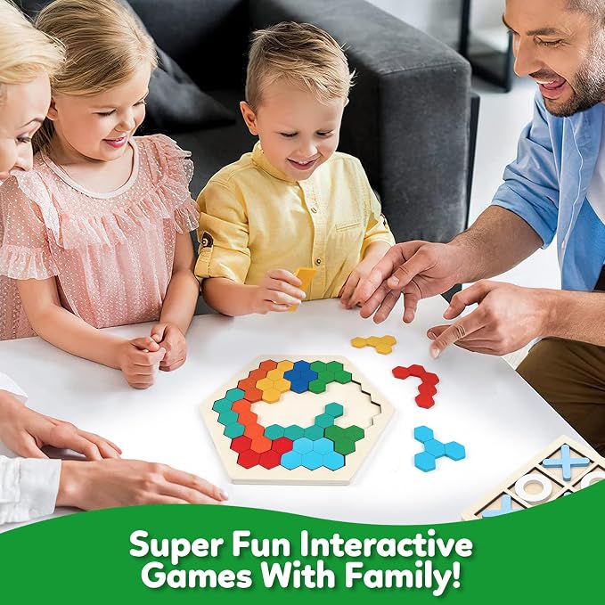 Wooden Puzzles,Geometric Shape Logic Hexagon Puzzle Toys Brain Teasers STEM Montessori Educatioanl IQ Board Games Easter Basket Stuffers Gift for Kids Boys Girls Ages 3+ (4 Pack)