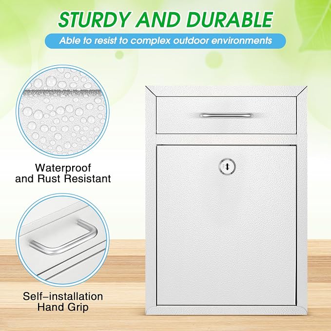 Yaocom Locking Mailbox with Key for Outdoor 12.2 x 8.5 x 3 Inches Large Wall Mount Mail Box with Lock Security Mail Drop Metal Collection Boxes Hanging Secure Postbox(Creamy White)