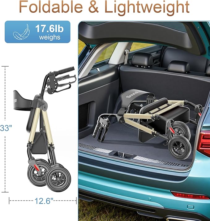 Rollator Walkers for Seniors with Seat, Foldable Lightweight Rolling Walker with 8" Big PU Wheels, Ergonomic Seat, Dual Height Adjustment