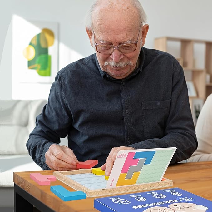 8 Wooden Tiles Matching Dementia Activities for Seniors, Easy Memory Games for Alzheimers Patients, Cognitive Craft Gifts for Elderly Women, Large Puzzle Pattern Blocks Matching Board Gadgets