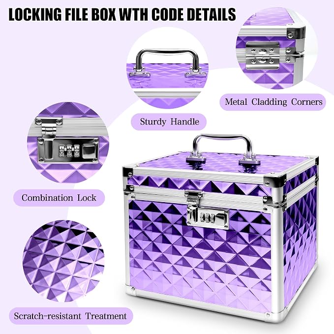 Medication Combination Lock Boxes with Code for Personal Items, Medicine Lockbox for Documents 10 x 7.25 x 7.75 Inches Plaid Purple