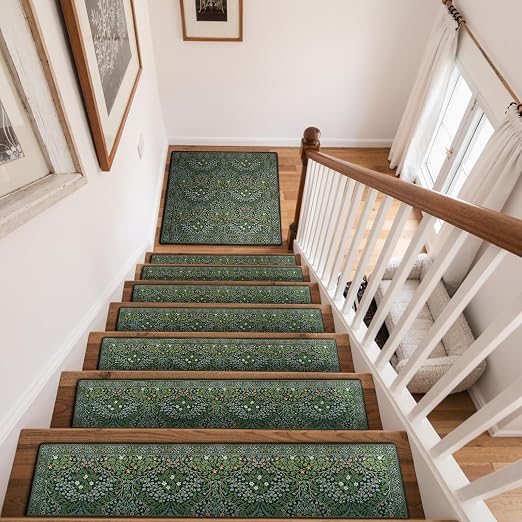 Stair Treads Landing Mat Non-Slip Stair Runner for Wooden Steps 31"x31" | Green Stair Rug Matching Mat Carpet Stair Treads Stair Mats Staircase Step Treads for Kids, Elders and Dogs Stair Covers