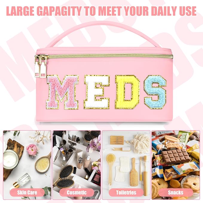 BuyCard Medicines Chenille Letter Bag Nylon Meds Makeup Pouch Preppy Path with Zipper and Handle Cosmetic Toiletry Storage Purse for Women Pink