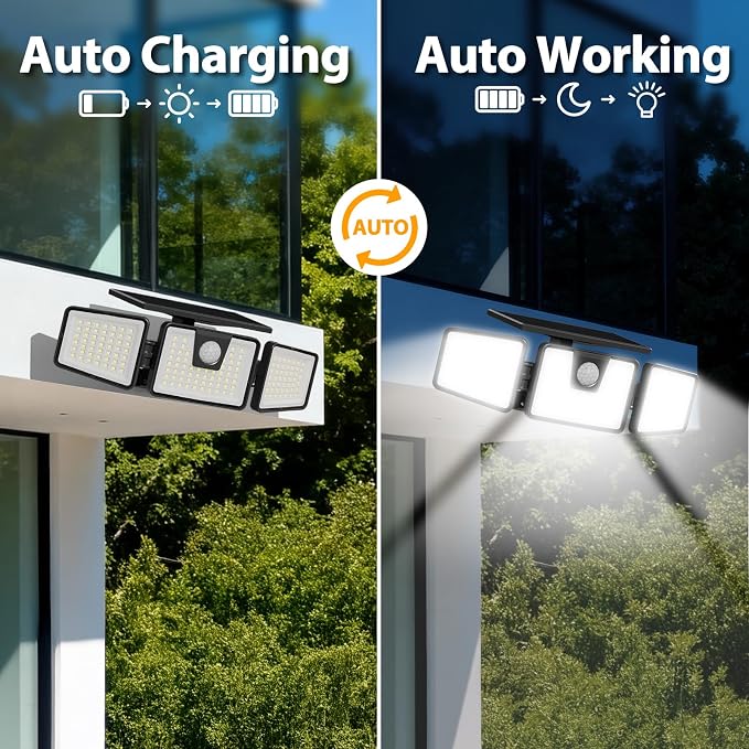 INCX Solar Lights Outdoor, 3000LM Motion Sensor Outdoor Lights, 4PCS, Black | 3 Adjustable Heads; 156 LEDs; IP65 Weather Resistant; 6500K Daylight; Wide coverage for garages,yards,patios,and entryways