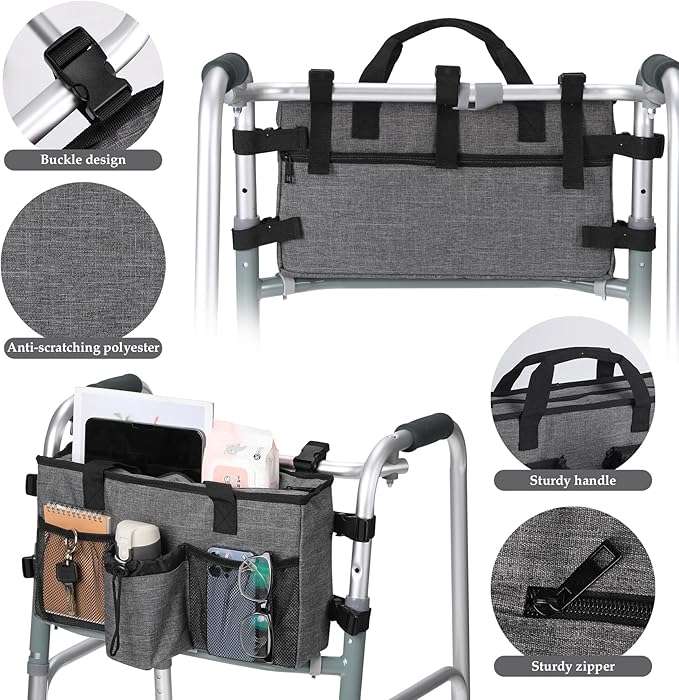 Bag for Walkers for Seniors with Pockets Walker Accessories Cup Holder Foldable Walker Pouches Storage Tray Basket (Gray)