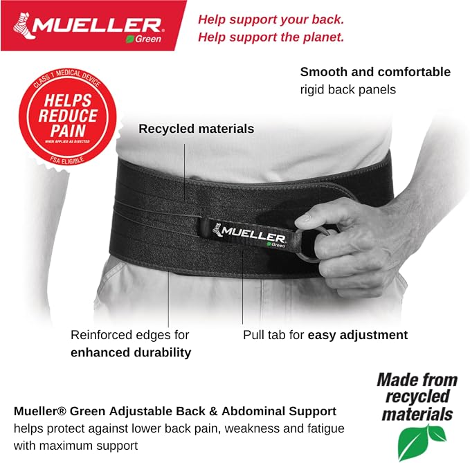 Mueller Sports Medicine Adjustable Back & Abdominal Support, Belt, Back Pain Relief Support for Men and Women, Ideal for Lower Back Pain, Weakness, Fatigue, Black, One Size
