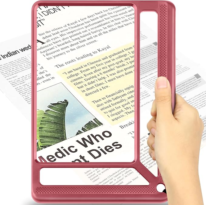 AKKYCVS 5X Full Page Magnifying Glass for Reading, Lightweight Rectangular Magnifier Provides Large Book Page Viewing Area, Handheld Magnifier for Reading Small Prints for Seniors, Low Vision-Red