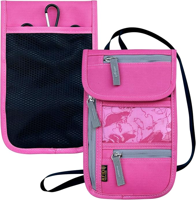 Travel Neck Wallet, RFID Blocking Passport Holder with Adjustable Neck Strap for Men and Women to Keep Cash, Credit Cards and Travel Documents Safe - Rose