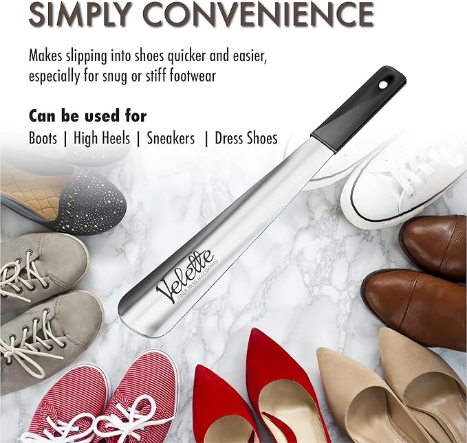 Velette Metal Shoe Horn Long Handle for Seniors - 15" Long Shoe Horns for Men, Women and Kids - Boot Horns, Shoehorn Long-Handle, Shoes Spoon, Stick Helper for Cowboy Boots, Sneakers, Dress Shoes