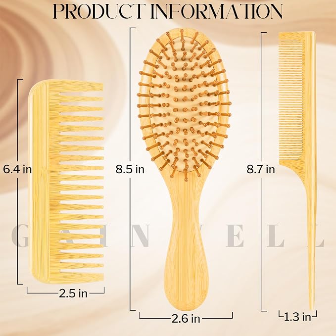 Bamboo Hair Brush for Hair Growth, Natural Bamboo Bristles Detangling Wooden Paddle Hairbrush for Massaging Scalp, for Women Men and Kids, for All Hair Types, with Ergonomic Handle (Set-3Pcs)