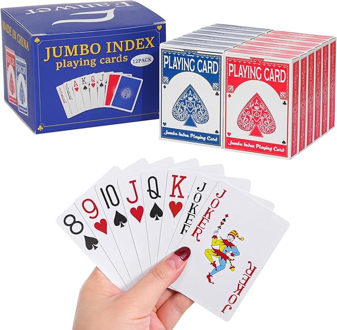 Fanwer Playing Cards Large Print 12 Pack, Jumbo Poker Playing Cards for Seniors, Vision Impaired, Low Vision Crowd, Deck of Cards for Blackjack, Euchre, Canasta Cards Game