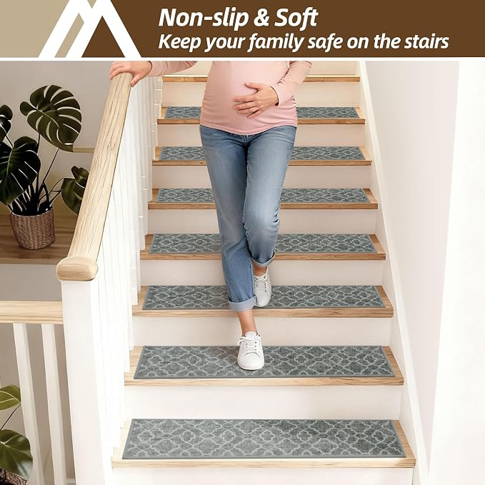 COSY HOMEER Stair Treads for Wooden Steps Indoor with TPE Backing,4Pcs | Non-Slip Carpet Stair Treads, Soft Peel and Stick Stair Runners,Pet-Friendly Stair Runner Washable Reusable,Fern Gray