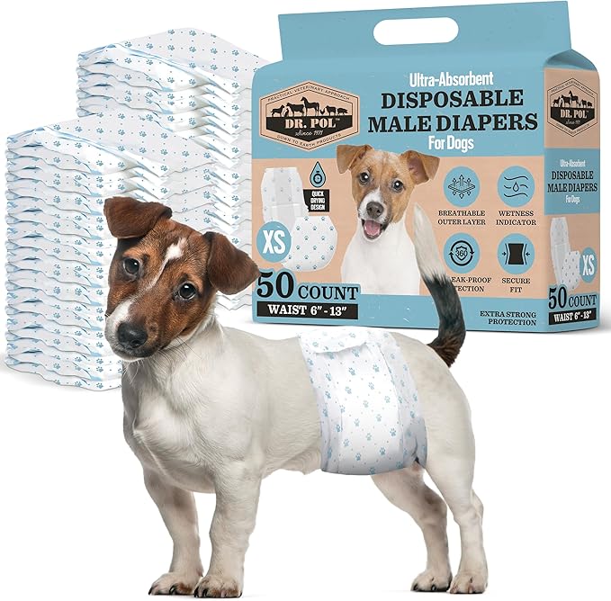 Dr. Pol Male Dog Diapers, Belly Bands, XS (6–13" Waist), 50 Count