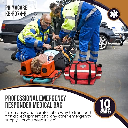 Primacare KB-RO74-R First Responder Trauma Bag, 17" x 9" x 7",Red-EMT/EMS Medical Supply Organizer with Padded Dividers,Multiple Compartments,Side Pockets,Reflective Strip,Durable Design (Pack of 12)