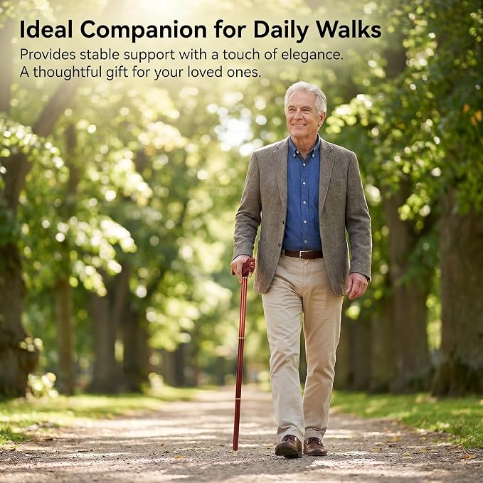 Handcrafted Solid Wood Walking Cane, 3-Section Detachable Brass Joints, Heavy Duty 400+ lbs Support, Lightweight 0.88 lbs, Anti-Slip Rubber Tip, 34.6 in