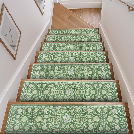 OJIA Stair Treads Non Slip Stair Runners for Wooden Steps 15PCS 8"x30" | Floral Carpet Stair Treads for Wood Stairs Indoor Staircase Step Treads for Kids & Dogs, Rubber Backing Stair Covers, Green