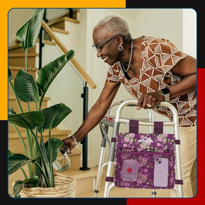 supregear Walker Side Bag, Water Resistant Accessory Basket Pouch for Folding Walkers, Lightweight Hand Free Storage Carrier Tote, Universal Size Seniors Caddy Attachment, Floral Purple