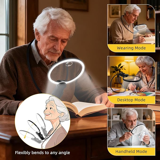 Hands Free Magnifying Glass with Light for Close Work, 5.5 Inch 5X 10X Multi-Functional Lighted, Neck Wear Magnifier for Reading Books, Sewing, Handmade, Low Vision Seniors (Black)