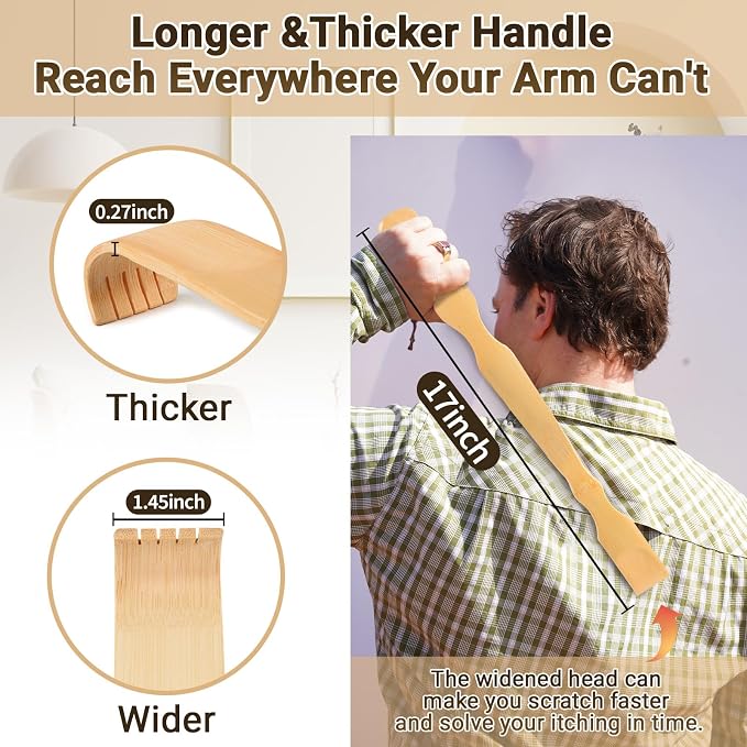 Wooden Bamboo Back Scratcher, 17" Back-Scratchers 5 Pack | Natural Handmade for Men and Women, New Upgraded Long Headle Massager, Relaxation Gifts for Mom and Father's Day