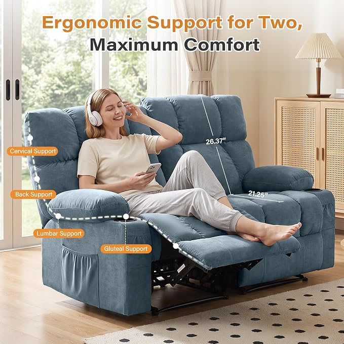 Oversized Fabric Reclining Loveseat Sofa for Living Room with Cup Holders | 2-seat recliner sofa with side pockets, padded seats and adjustable footrests for home theater, family room and relaxation