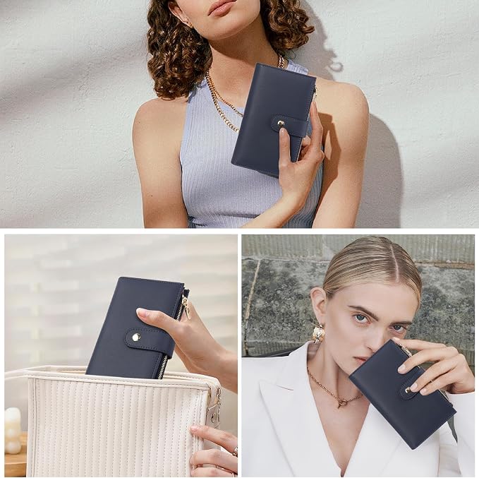 yiijay Wallet for Women RFID Blocking Leather Trifold Clutch Wallet Credit Card Holder Ladies Travel Wallet Purse with Passport/Pen Holder