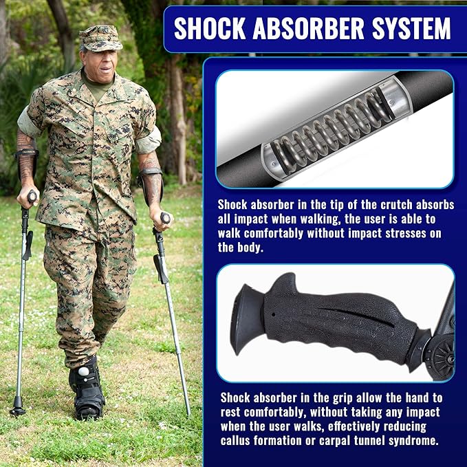 Ergobaum 7G by Ergoactives. 1 Pair (2 Units) of Ergonomic Forearm Crutches - Adult 5' - 6'6'' Adjustable, Foldable, Ergonomic, Shock Absorber, Non-Slip, Knee-Rest Platforms, LED Lights (Aqua Blue)