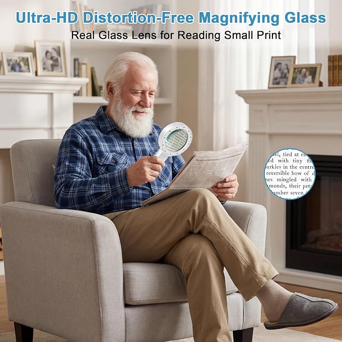 Nazano Magnifying Glass with 12 LED Lights for Senior Reading, 10X | Ultra-clear Handheld Reading Magnifier for Seniors, Macular Degeneration, Close Work, Coins & Pill Bottles
