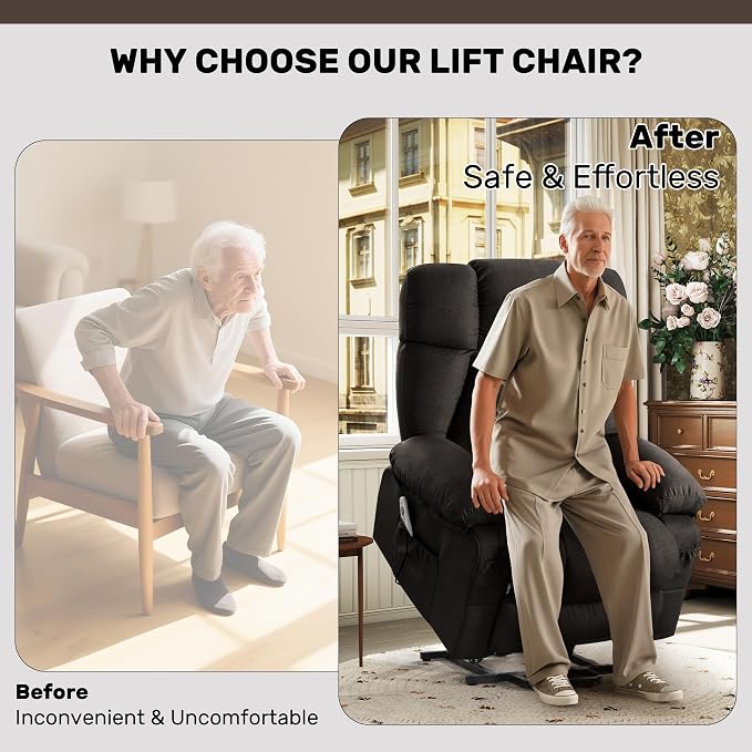 Power Lift Recliner Chair for Elderly, Big and Tall Lift Chair with Massage and Heat for Living Room, Fabric Electric Recliner Chairs with 4 Side Pockets, USB Charge Port,Black