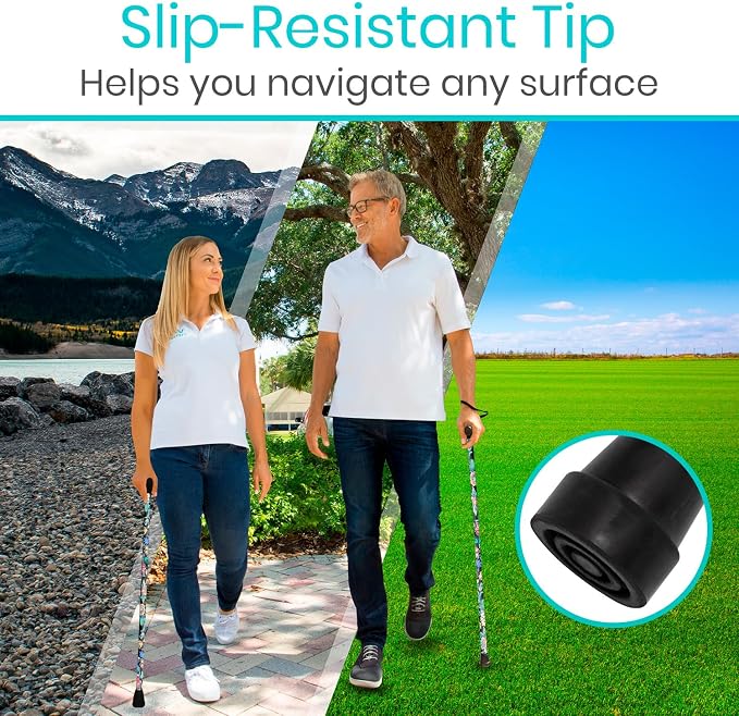 Vive Folding Cane - Foldable Walking Cane for Men, Women - Fold-up, Collapsible, Lightweight, Adjustable, Portable Hand Walking Stick - Balancing Mobility Aid - Sleek, Comfortable (Neon Flower)