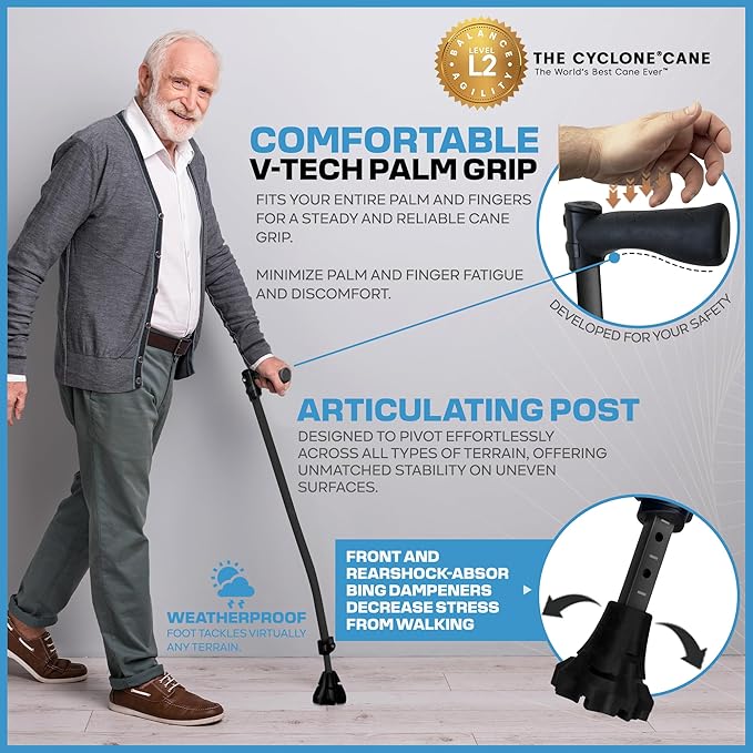 Dynamo Cyclone Cane Maximum Grip for Every Step. Designed for All-Day Comfort. Built to Keep You Steady and Safe. Stability You can Trust, Anywhere You go. (Black)