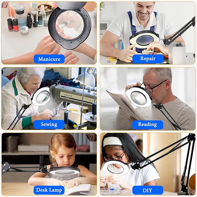 15X Magnifying Glass Desk Lamp with Clamp and Base, Real Glass Lens, 84 LEDs, 5 Color Modes Dimmable, Led Lamp Magnifier with Dust Cover, Clean Cloth, Ideal Gift for Seniors, Crafters, Hobbyists