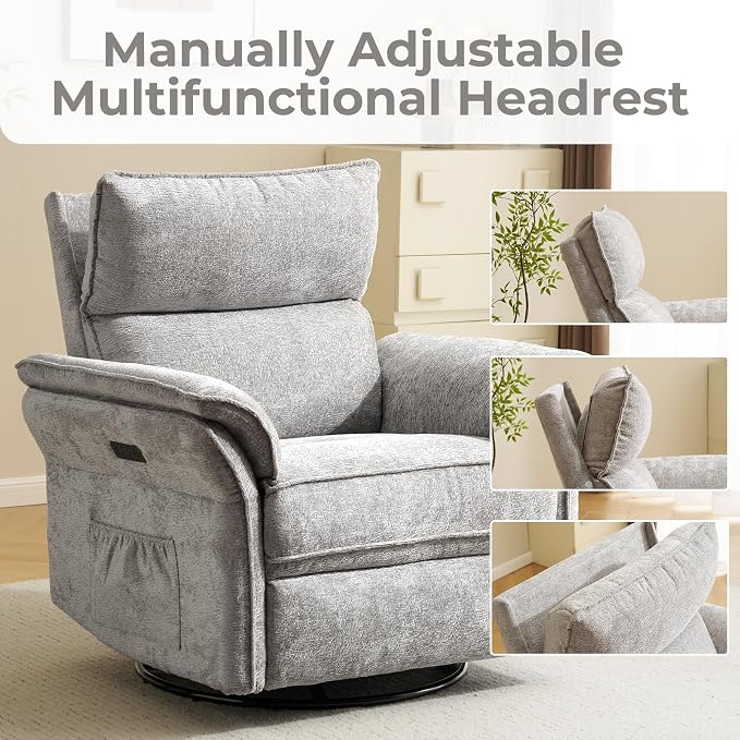 Oversized Power Recliner Chair Swivel Glider with Massage and Heat, Rocker Nursery Recliner for Adults with Adjustable Headrest, 24" Extra Wide Nursery Chair with Overstuffed Armrest,Light Grey