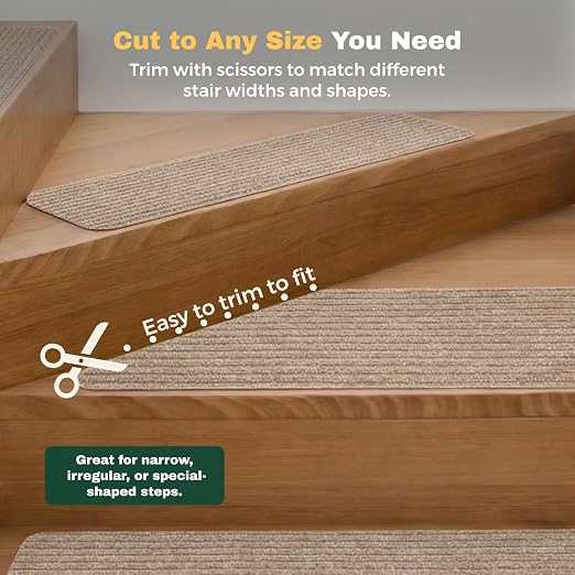 MBIGM Carpet Stair Treads for Wooden Steps, 15 Pack, 8" x 30", Cornstalk | Four-layer polyester carpet with PP grid base, nonwoven cushion and TPR adhesive backing adds indoor traction and comfort
