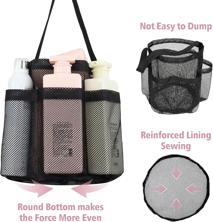 Mesh Shower Caddy Portable - 2 Packs, Large Shower Bag for Dorm, Camping | 2 Pack, S-Hook, Quick-Dry, Hanging Toiletry Organizer, College Dorm Room Essentials for Girls, Gym, Travel & Bathroom, Black