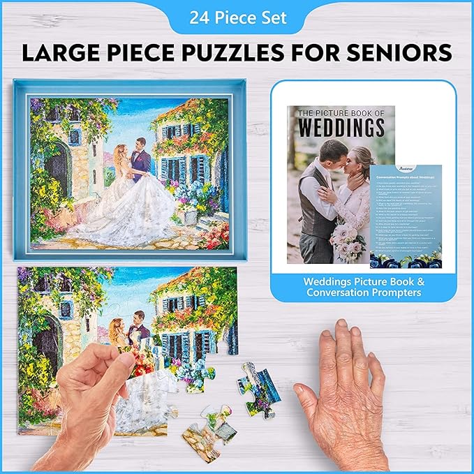 Assistex Large Piece Jigsaw Puzzle for Seniors with Dementia with Conversation Prompts, Large Piece Memory Game for Adults, Elderly, and Dementia Patients – Wedding Puzzle, 24 pcs