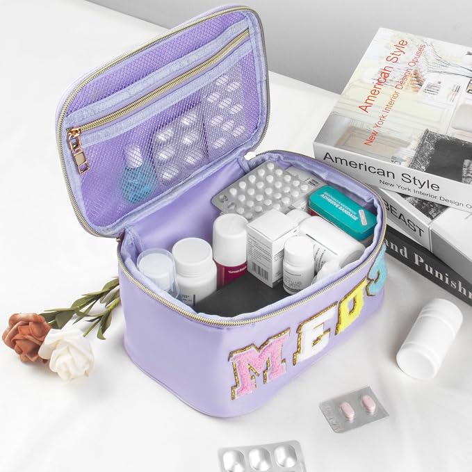 BuyCard Medicines Chenille Letter Bag Nylon Meds Makeup Pouch Preppy Path with Zipper and Handle Cosmetic Toiletry Storage Purse for Women Purple