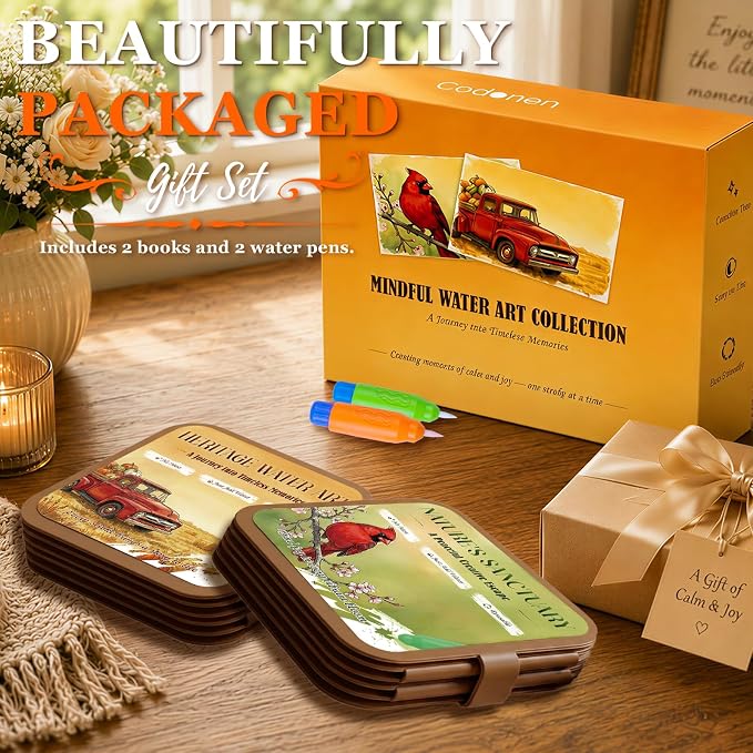 Codonen 2 Pack Reusable Water Painting Books for Seniors, No-Mess Water Reveal Activity Set for Dementia & Alzheimer’s Care, 20 Pages, 2 Pens, Gift for Elderly Loved Ones