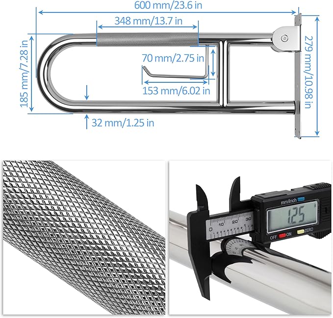 Handicap Grab Bar, 23.6 Inch Stainless Steel Toilet Safety Rails, Disabled Flip-Up Bathroom Grab Bars with Paper Holder, Anti-Slip Toilet Handrails Hand Grips Handicap Grab Bars for Elderly