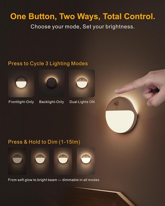 2 Pack Motion Sensor Light Indoor, 2.6" Small Stick on Lights for Stairs, Bathroom, Dimmable Battery Night Light, 3 Light Modes, Soft LED Light for Travel, Toliets, Bedroom, Kids, Warm White | 2 Pack, 3 Modes, Dimmable 1-15lm, Low Light No Plug, Small ...