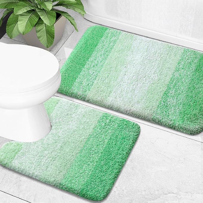 OLANLY Bathroom Rug Set 2 Piece, Soft Absorbent Microfiber Bath Mats and U-Shaped Contour Toilet Rug, Non-Slip, Machine Wash Dry, Plush Shaggy Bath Mats for Bathroom (24"x16"+U24 x20, Green)